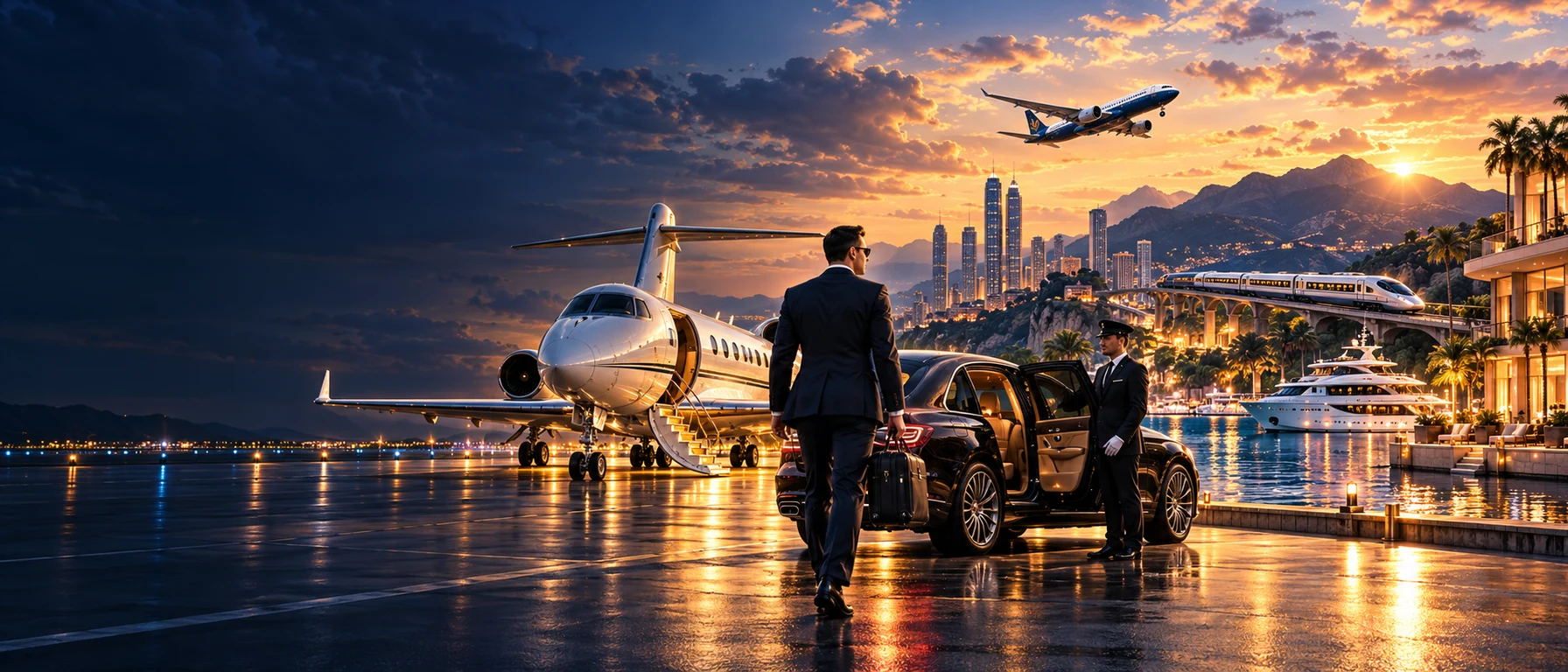 3D-style illustration of international business travel with aircraft, rail, executive vehicle and hotel