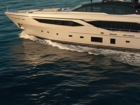 Golden-hour light over the sea and a yacht