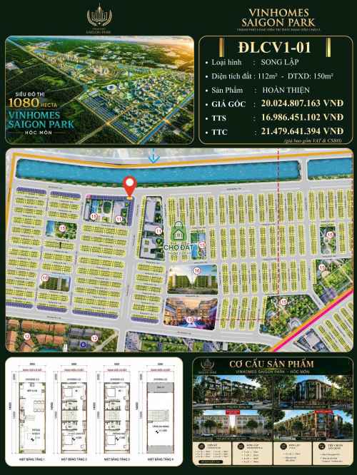 Biệt thự song lập ĐLCV1-01 Vinhomes Saigon Park Hóc Môn giá chỉ 16 tỷ