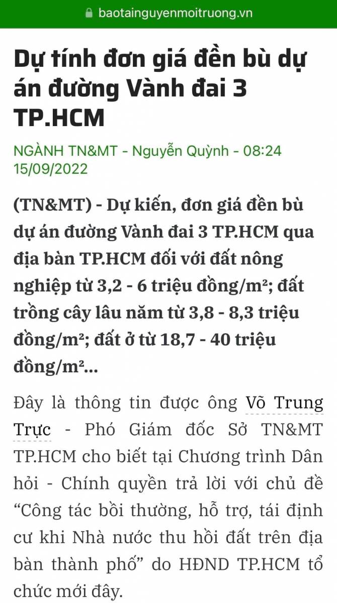 Dự tính đơn giá đền bù dự án đường Vành đai 3 TPHCM