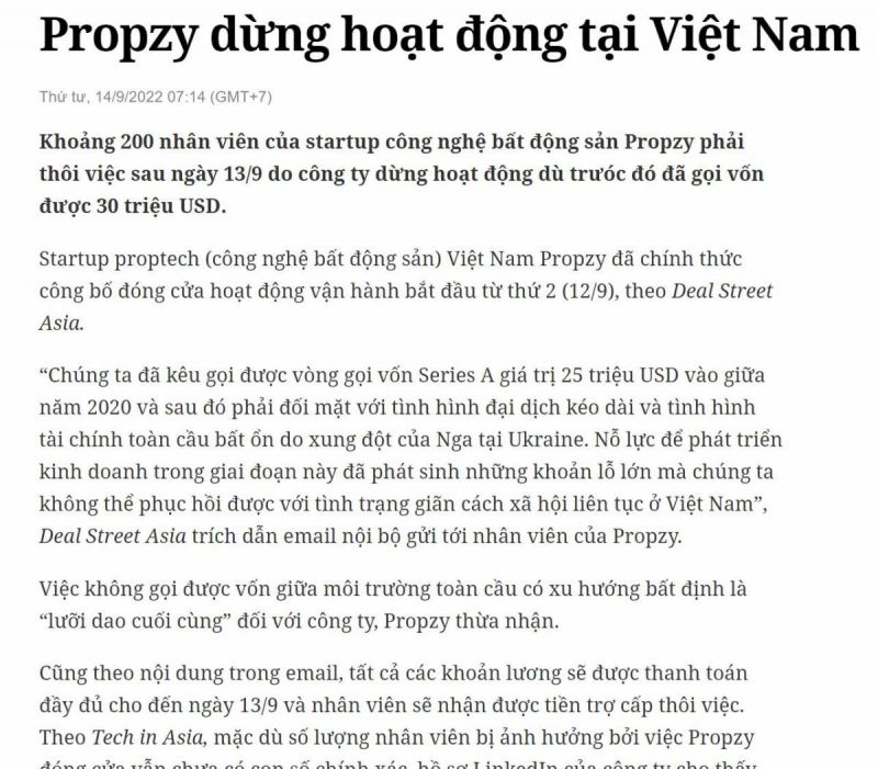 Propzy chính thức ngừng hoạt động phá sản tại Việt Nam