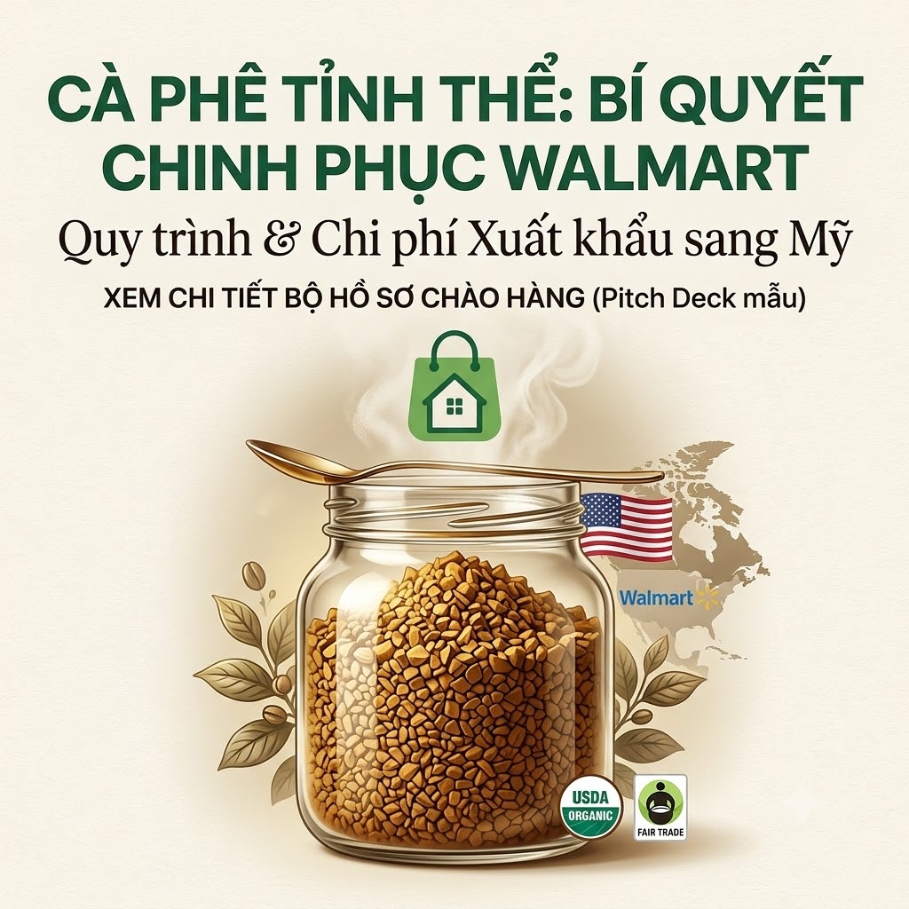 Chi tiết chi phí đầu tư, điều kiện pháp lý FDA/USDA và mẫu Pitch Deck chuẩn chào Broker Mỹ đưa cà phê sấy thăng hoa lên kệ Walmart. Tìm hiểu ngay