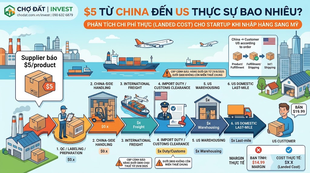 Bán $19.99 cho sản phẩm $5 có thực sự lời $14.99? Phân tích Total Economics và cập nhật thay đổi miễn thuế $800 từ CBP. Hỗ trợ startup bởi CHODAT Invest
