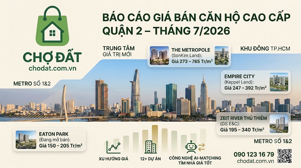 Tra cứu giá bán căn hộ Quận 2 tháng 7/2026: The Metropole, Empire City, Eaton Park,... So sánh biến động giá và tìm mua nhà giá tốt nhất với AI-Matching Chợ Đất