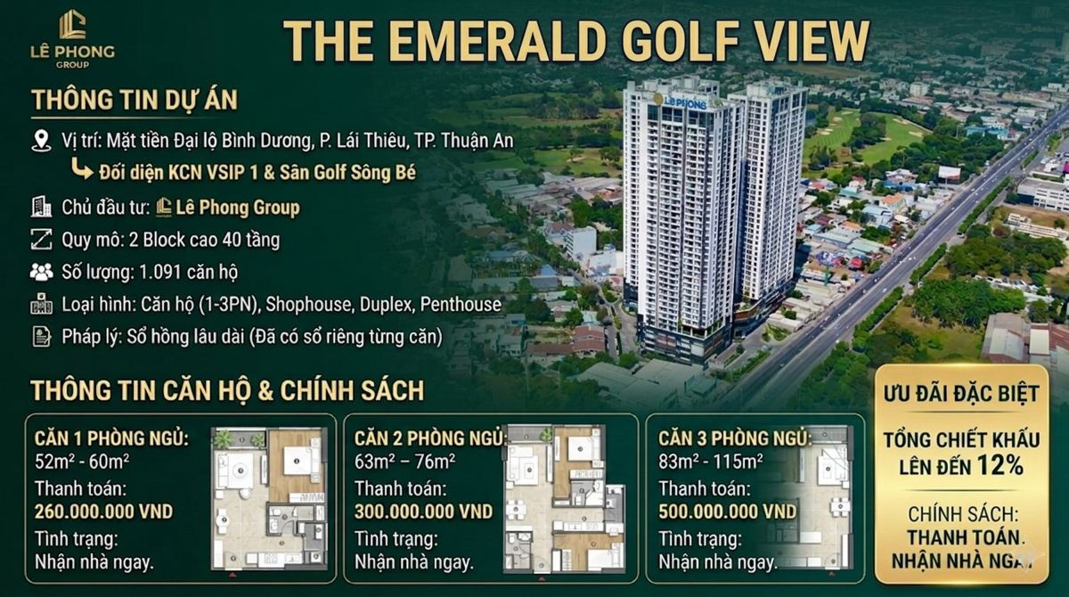 Sổ Hồng Trao Tay - Nhận Nhà Ngay Tại The Emerald Golf View Mặt Tiền Quốc Lộ 13 - Vị Trí Vàng Đối Diện VSIP 1 - Biểu Tượng Sống Thượng Lưu Trực Diện Sân Golf
