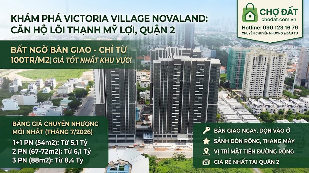 Review thực tế căn hộ Victoria Village Novaland lõi Thạnh Mỹ Lợi Quận 2 ngày bàn giao. Giá rẻ bất ngờ từ 5,1 Tỷ/căn. Xem ngay giỏ hàng giá tốt trên Chợ Đất