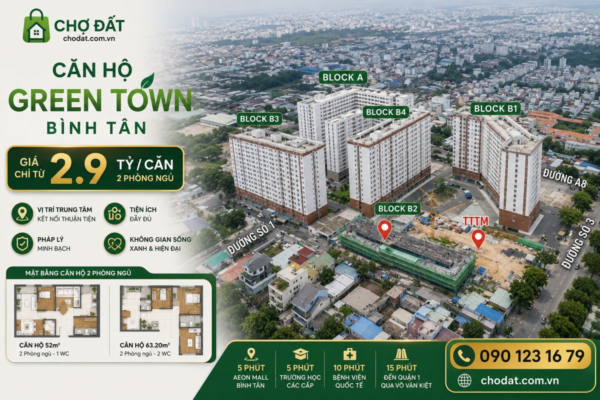 Mở bán Căn hộ Green Town Bình Tân giá chỉ từ 2.9 tỷ/căn 2 phòng ngủ Sổ hồng