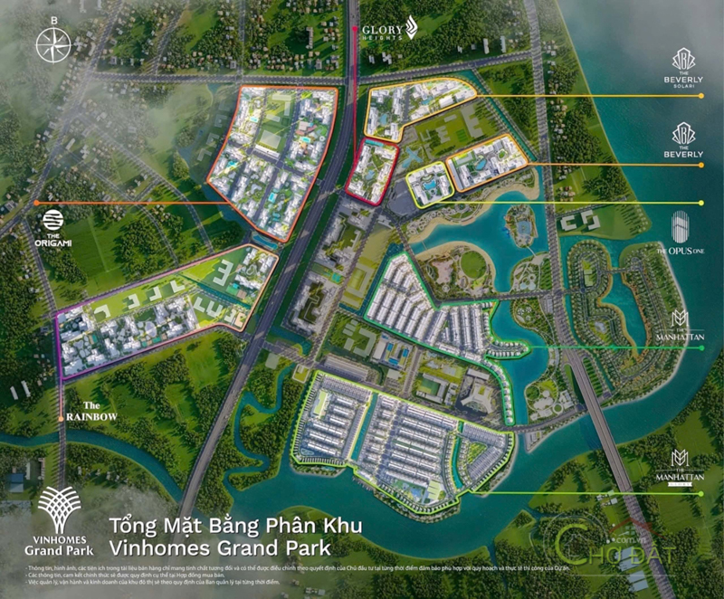 Bản đồ tổng mặt bằng Vinhomes Grand Park – The Opus One (màu vàng phải) ngay bên Vincom Mega Mall và hồ 36ha. (Ảnh: Vincom)