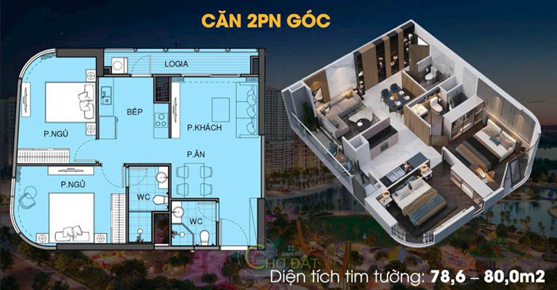 Mặt bằng Căn hộ 2 phòng ngủ góc The Opus One