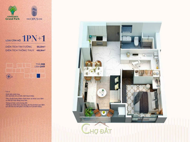 Căn hộ 1 phòng ngủ +1 The Opus One