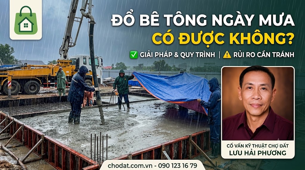 Quy trình xử lý rủi ro khi đổ bê tông gặp mưa lớn từ chuyên gia Lưu Hải Phương cho kết cấu bền vững