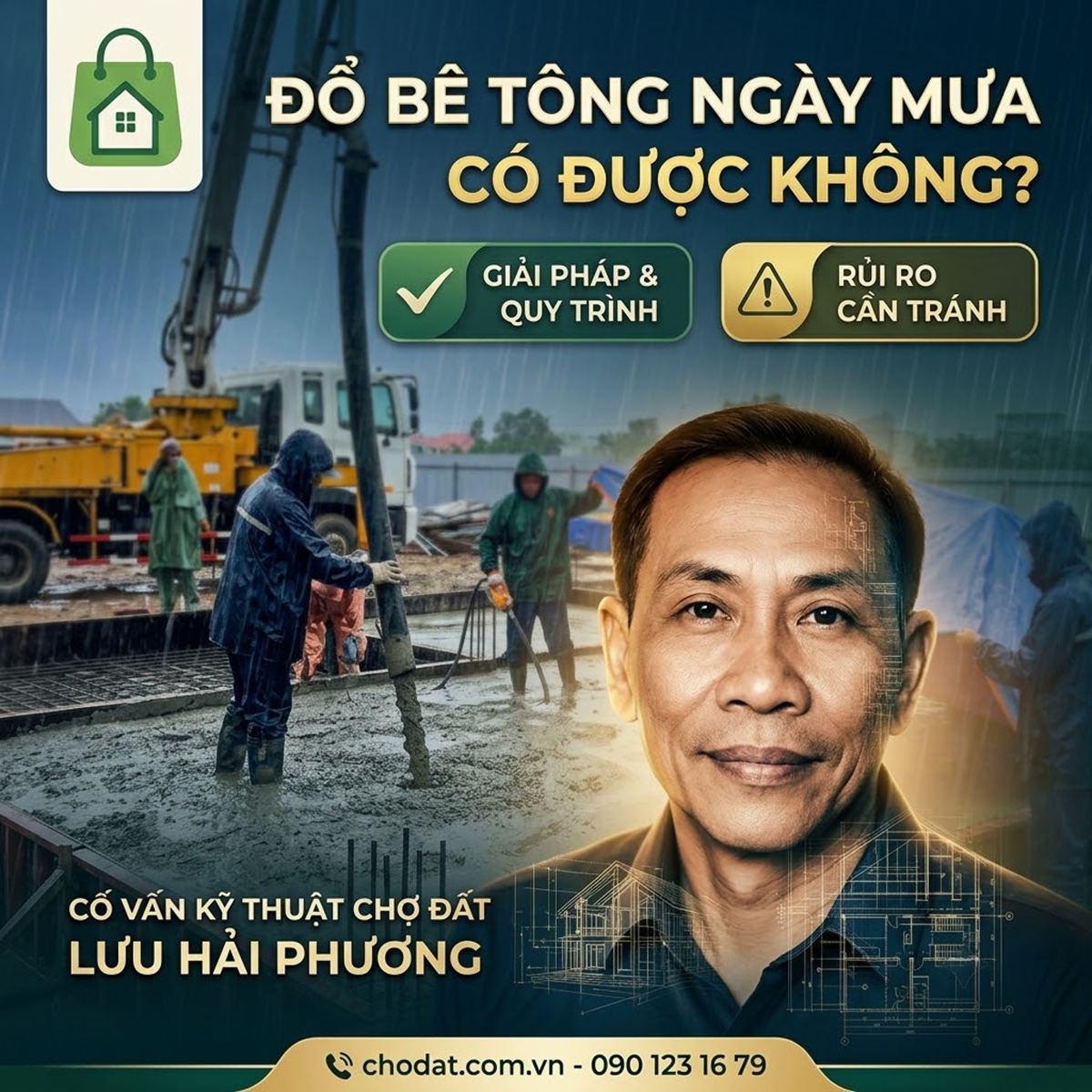 Đang đổ bê tông gặp mưa có sao không? Chuyên gia Lưu Hải Phương (Chợ Đất) hướng dẫn quy trình xử lý rủi ro kỹ thuật giúp bảo vệ kết cấu dầm sàn bền vững