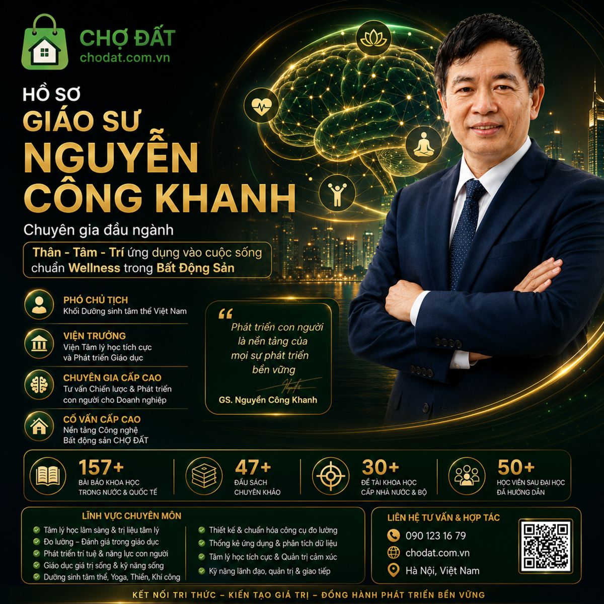 Chân dung GS.TS. Nguyễn Công Khanh, Cố vấn Chợ Đất. Ứng dụng khoa học não bộ, dưỡng sinh tâm thể vào trị liệu không gian sống và BĐS vị nhân sinh