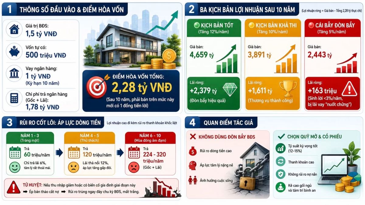 Một case study rất kinh điển mà có lẽ nhiều người trong chúng ta đã, đang hoặc sẽ gặp phải: Có 500 triệu, vay thêm 1 tỷ để mua lô đất 1,5 tỷ