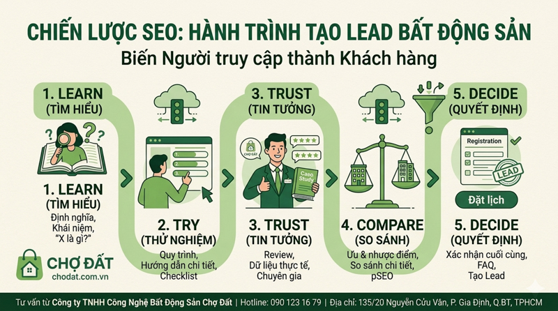 SEO Bất Động Sản: Hành Trình 5 Bước Tìm Kiếm Khách Hàng Bất Động Sản Từ User Đến Lead Chất Lượng – Bí Quyết Chợ Đất