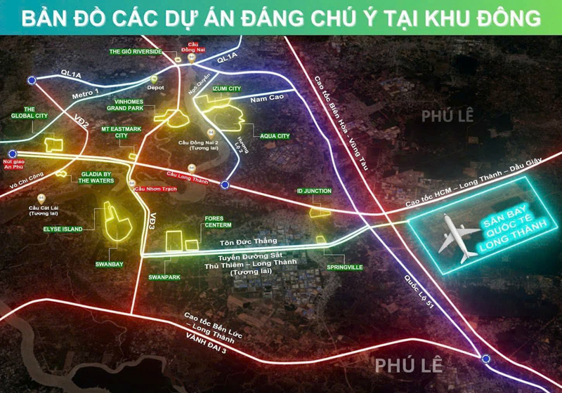 Bản đồ các dự án bất động sản khu đông TP Hồ Chí Minh