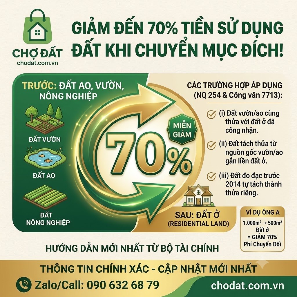 Hướng dẫn áp dụng Nghị quyết 254 và Công văn 7713/BTC-QLCS để được giảm đến 70% tiền sử dụng đất khi lên thổ cư đất vườn, ao. Hotline hỗ trợ: 090 123 16 79