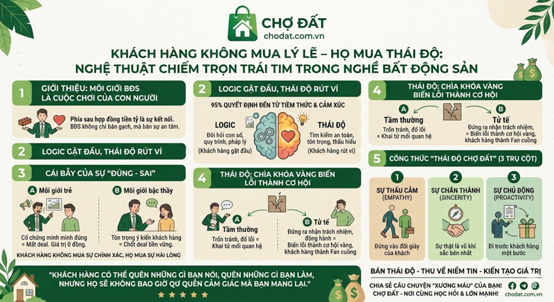 KHÁCH HÀNG KHÔNG MUA LÝ LẼ – HỌ MUA THÁI ĐỘ: NGHỆ THUẬT CHIẾM TRỌN TRÁI TIM TRONG NGHỀ BẤT ĐỘNG SẢN