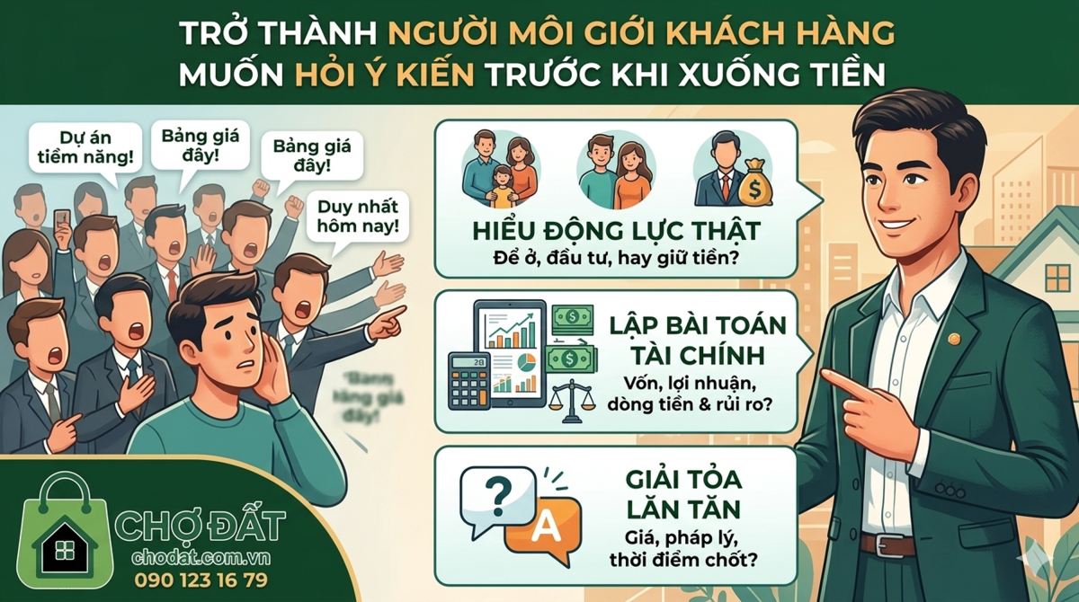 Đổi cách hỏi, đổi vị thế! Hướng dẫn môi giới BĐS nắm bắt 3 lớp động lực, lập bài toán dòng tiền và giải tỏa lăn tăn để khách hàng an tâm xuống tiền tại Chợ Đất