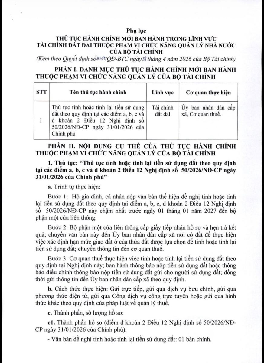 Thủ tục hành chính tính lại tiền sử dụng đất