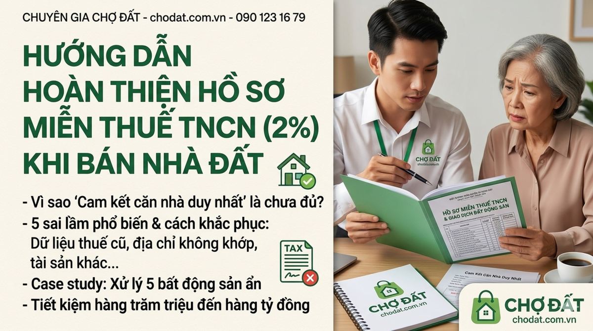 Hướng dẫn chi tiết cách chuẩn bị hồ sơ miễn thuế TNCN 2% khi bán nhà đất. Phân tích quy trình xác minh căn nhà duy nhất và giải pháp xử lý khi bị áp thuế