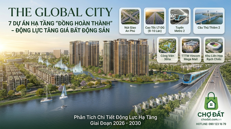 Phân tích chi tiết 7 đại dự án hạ tầng cùng về đích 2026 - 2030 thúc đẩy giá trị căn hộ The Global City tăng vọt. Xem ngay giỏ hàng Masteri tại chodat.com.vn