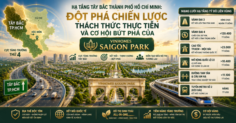 Phân tích toàn diện hạ tầng Tây Bắc TP.HCM (Vành đai 3, Metro số 2, QL22) và tác động chiến lược đến Vinhomes Saigon Park. Hotline Chợ Đất: 090 123 16 79