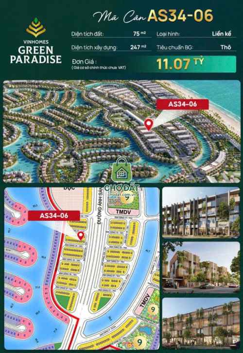 BÁN NHÀ PHỐ AS34 75M2 GIÁ 11,07 TỶ TẠI VINHOME GREEN PARADISE