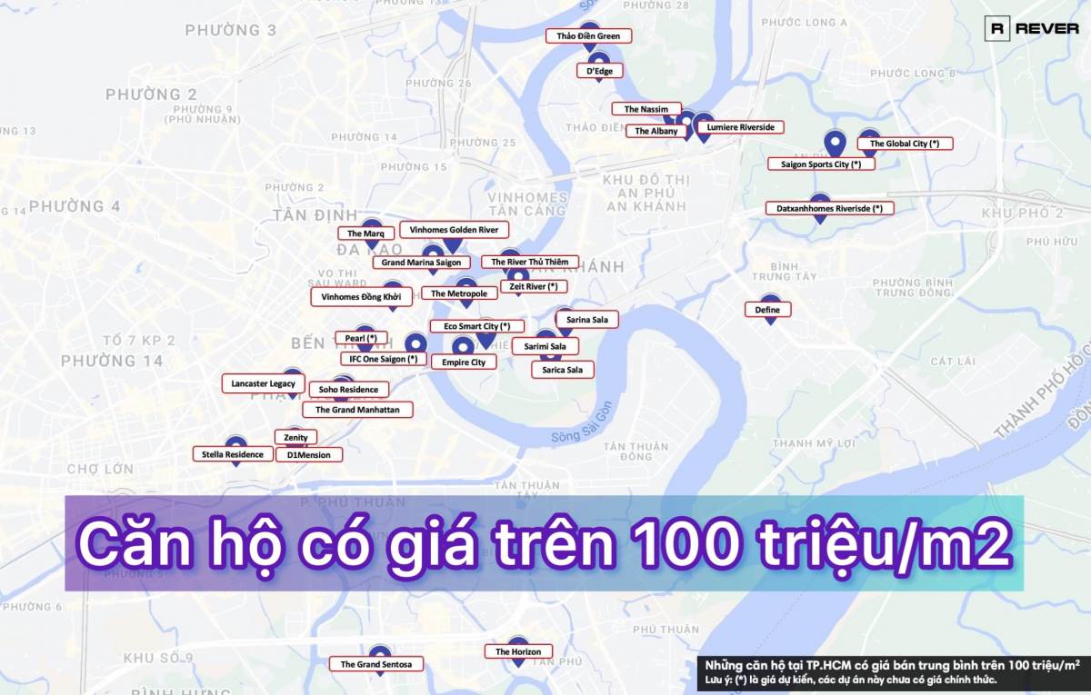 Biểu đồ những dự án căn hộ có giá trung bình trên 100 triệu m2 tại TPHCM