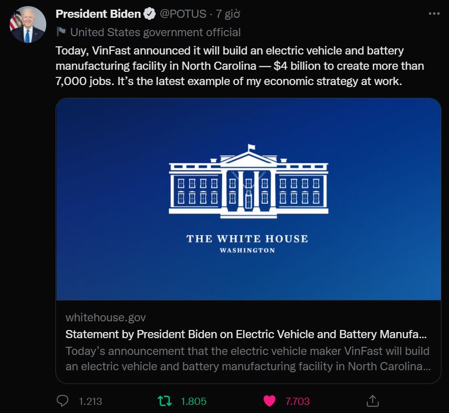 Tuyên bố của Tổng thống Mỹ Joe Biden về Đầu tư Sản xuất Xe điện và Pin ở Mỹ - Bắc Carolina
