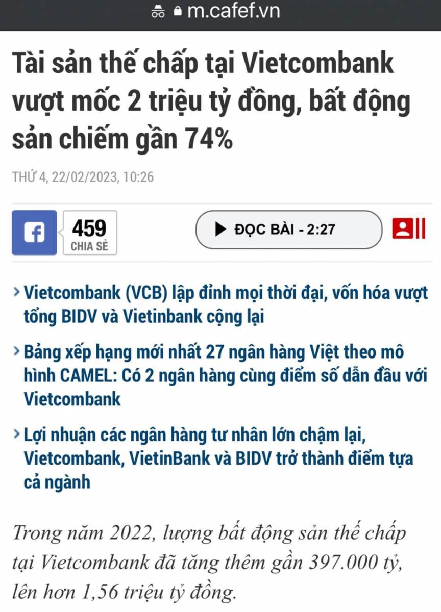 Trạng chết Chúa cũng băng hà: Vietcombank giữ 2 triệu tỷ tài sản thế chấp là Bất động sản - Chiếm 74